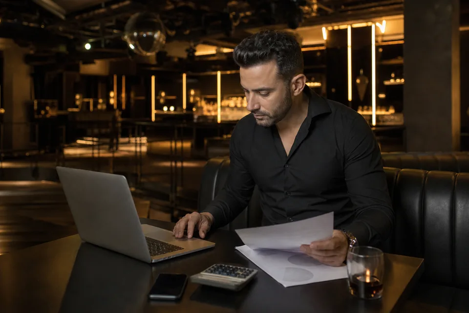 Event promoter planning a talent booking budget on a laptop at a club lounge table before opening