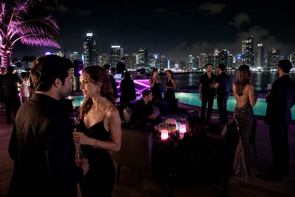 Pool terrace event at night with palm trees and a city skyline
