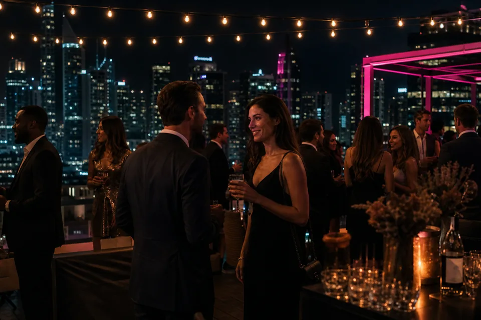 Rooftop lounge over a Manhattan style skyline at night