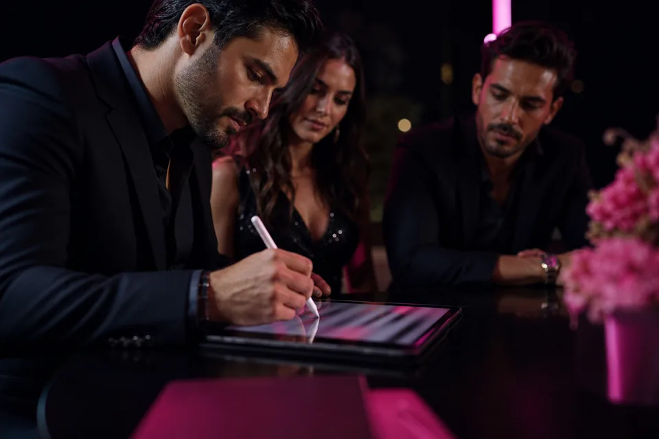 Hands signing a contract on a tablet with a stylus
