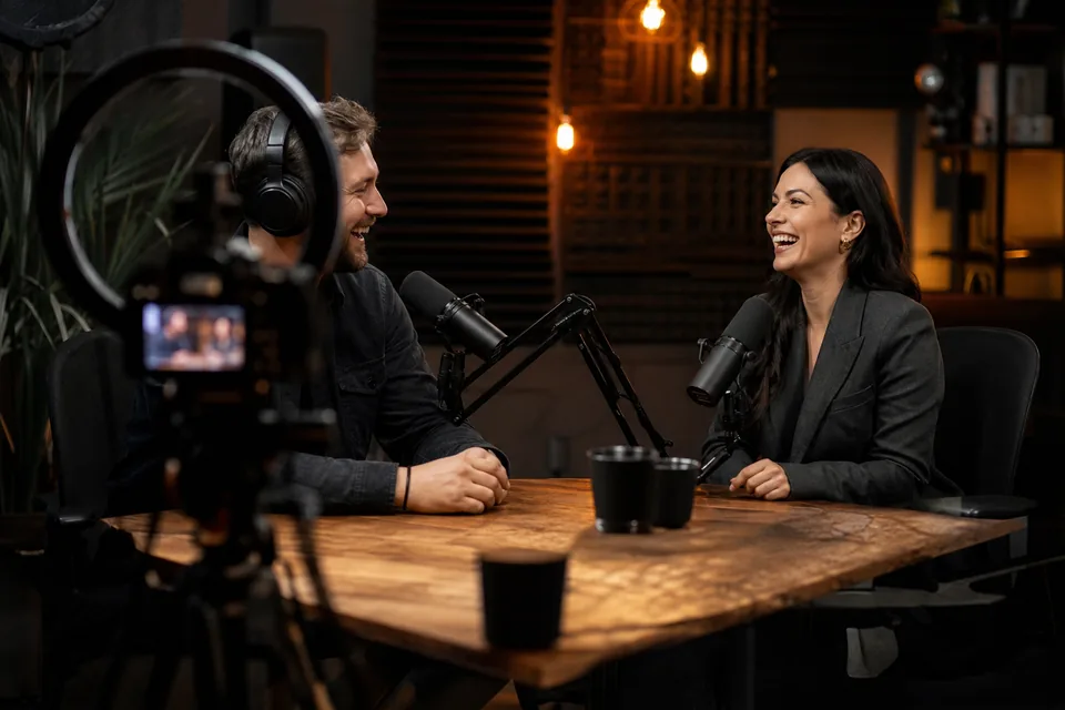 Podcast host and a guest in a blazer talking across a table with two microphones and a camera in a dim recording studio