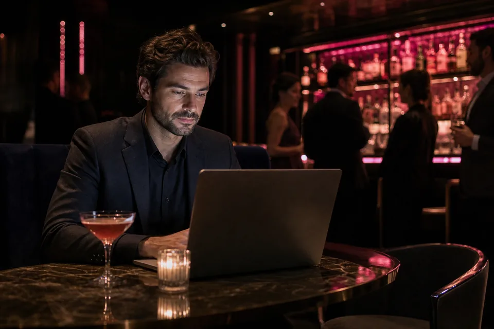Event booker reviewing a booking on a laptop at a lounge table