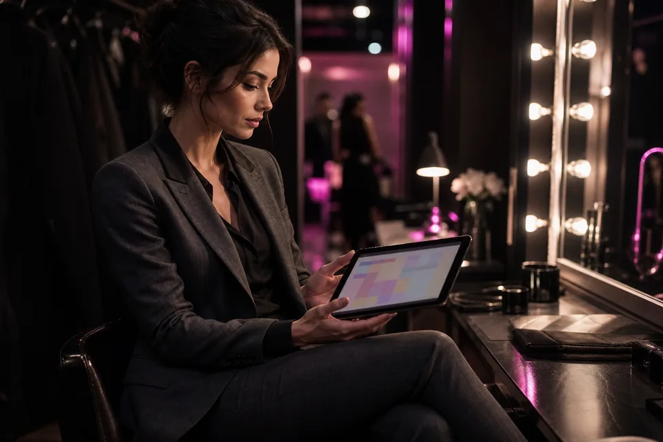 Performer planning bookings on a tablet in a dressing room