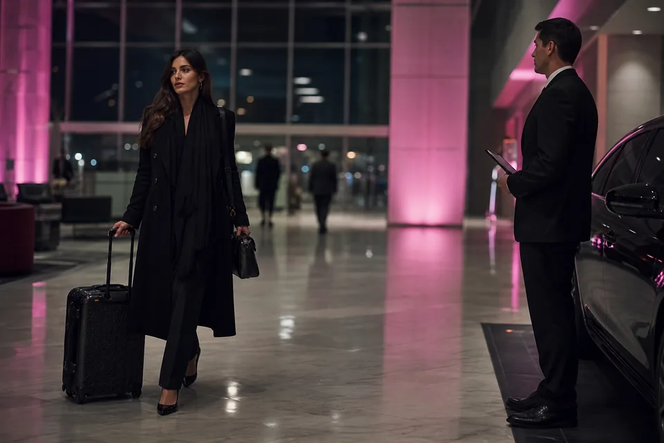 Performer with luggage at a night airport terminal met by a chauffeur