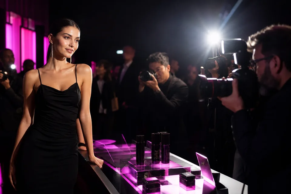 Performer posing for press photographers at a brand launch event