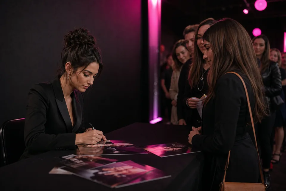 Star signing photos for a queue of fans at a convention table