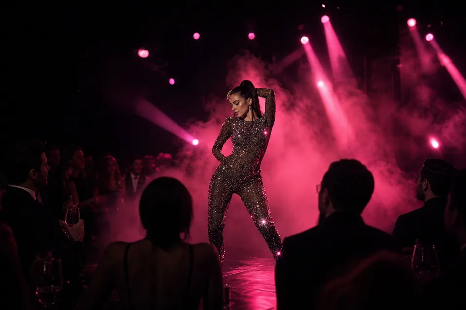 Feature dancer performing a stage show in a sequined costume under lights