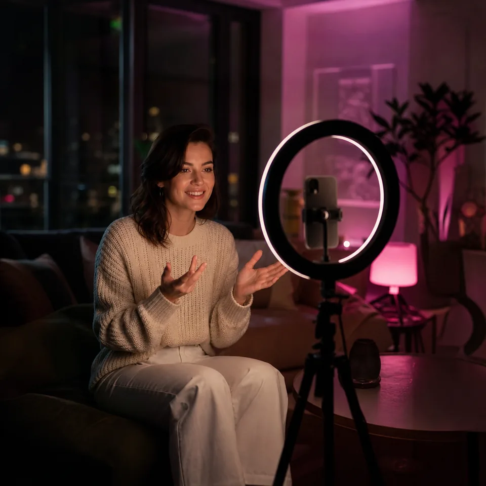 Performer recording a personalized video greeting on a ring-lit phone setup