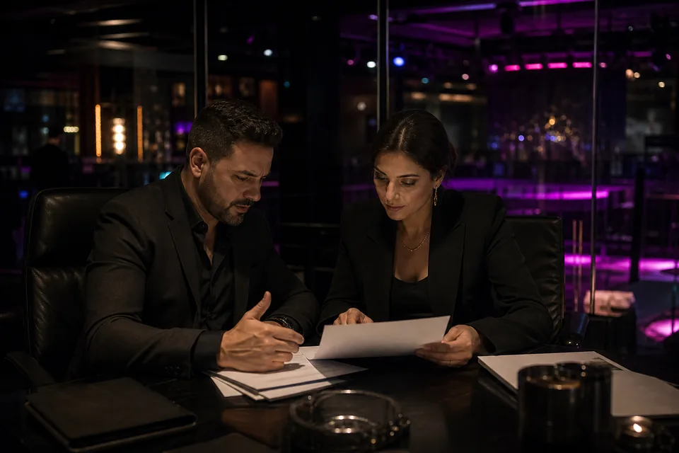 Club owner and booking manager reviewing contracts above the club floor